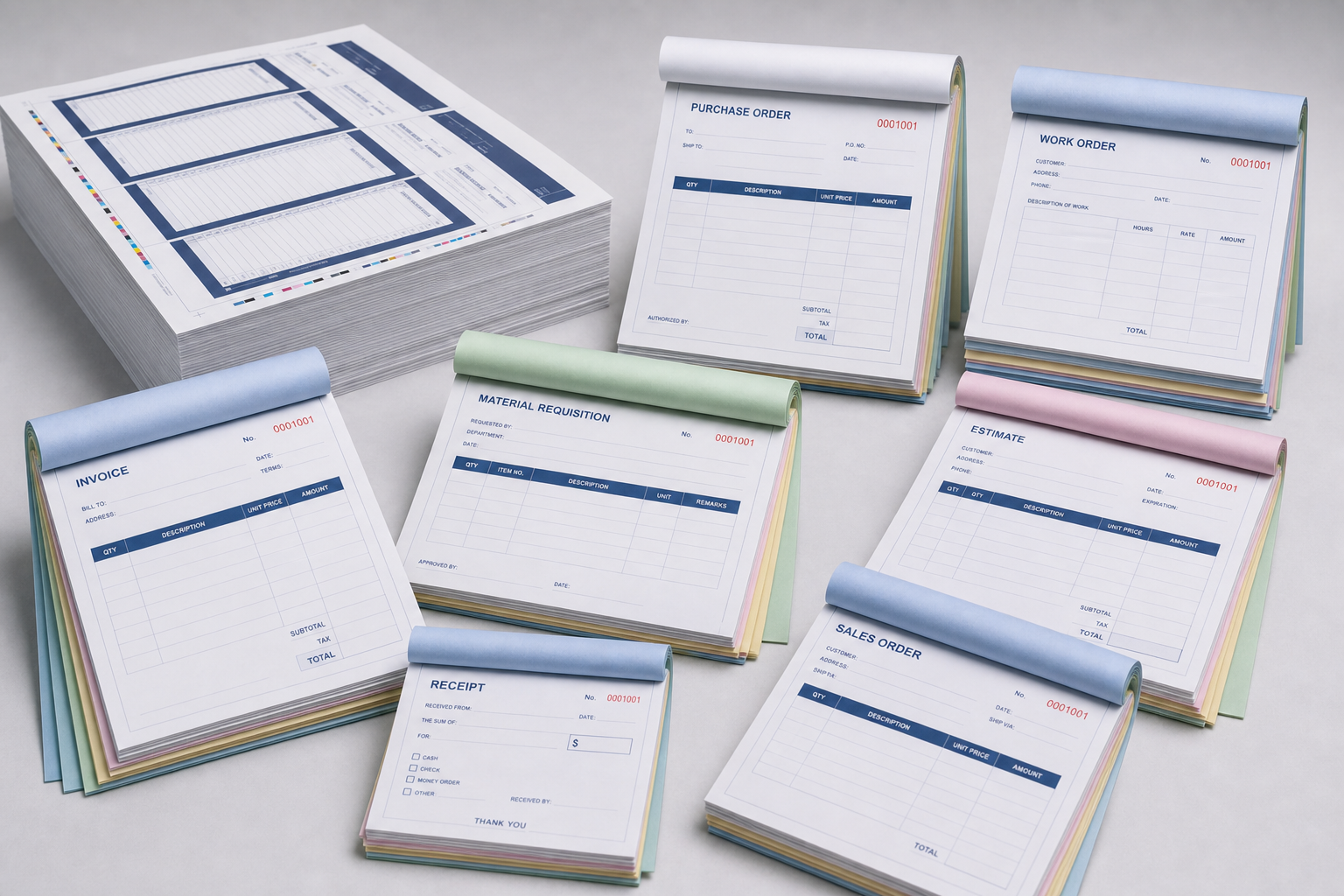 Custom business forms in multiple sizes, layouts, and ply colors